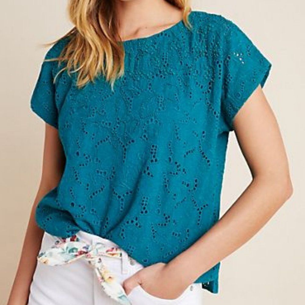 Blue Anthropologie Maeve Beaded Lace Short Sleeve Top (NWT)